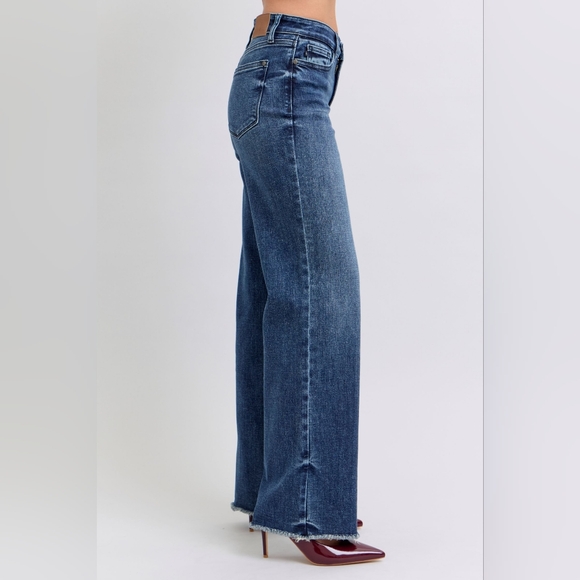 Judy Blue Mid-Rise Straight Leg Boyfriend Relaxed Jeans Raw Hem Denim Pants - Picture 11 of 16